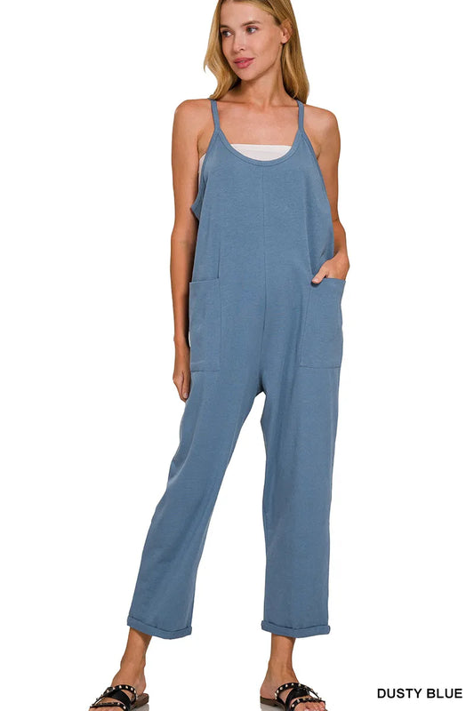 Dusty Teal Zenana Spaghetti Strap Pocketed Jumpsuit