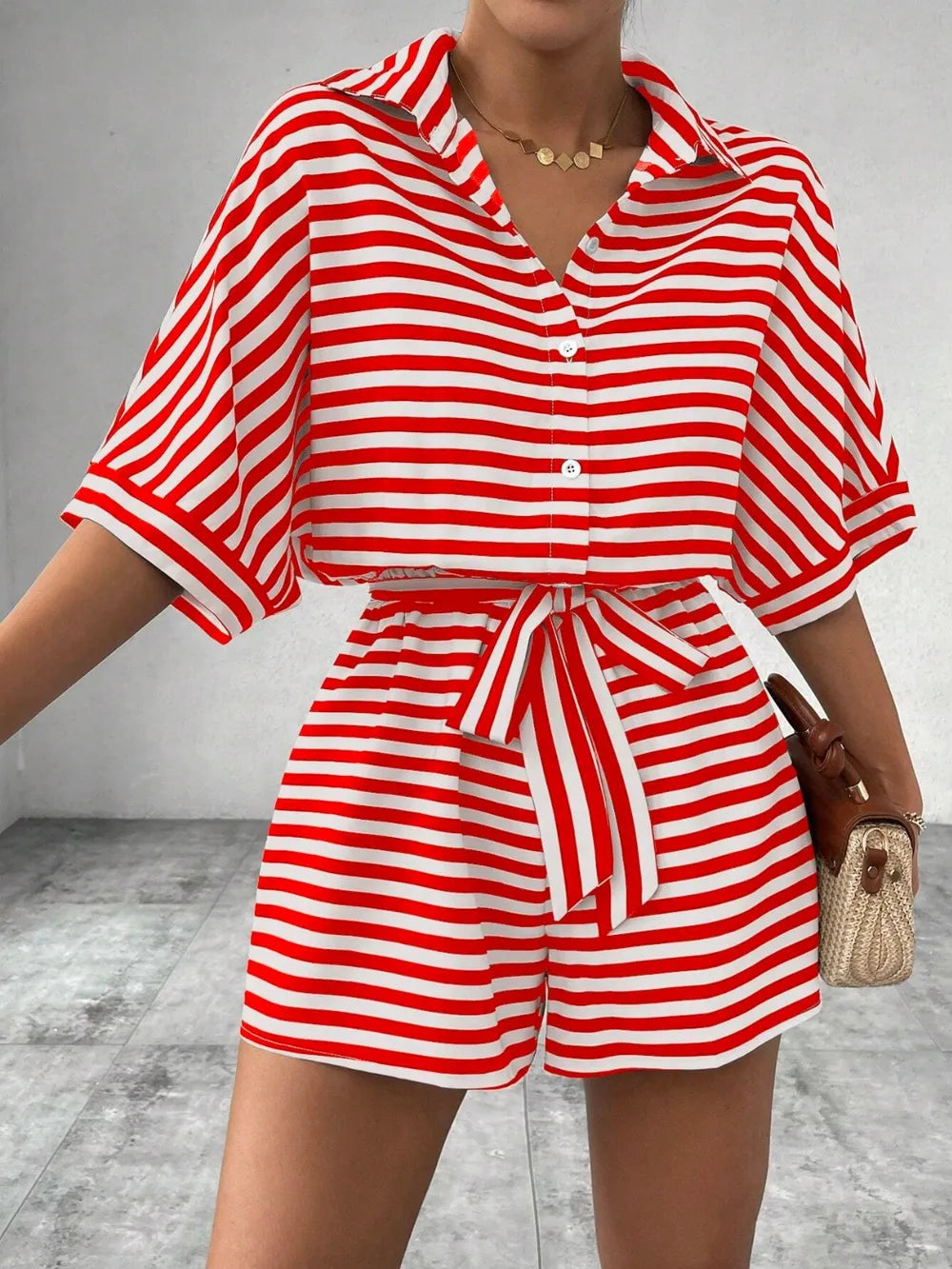 Red Tie Waist Half Button Striped Romper