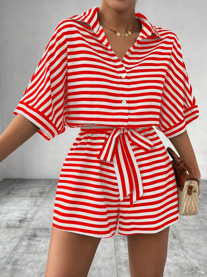 Red Tie Waist Half Button Striped Romper