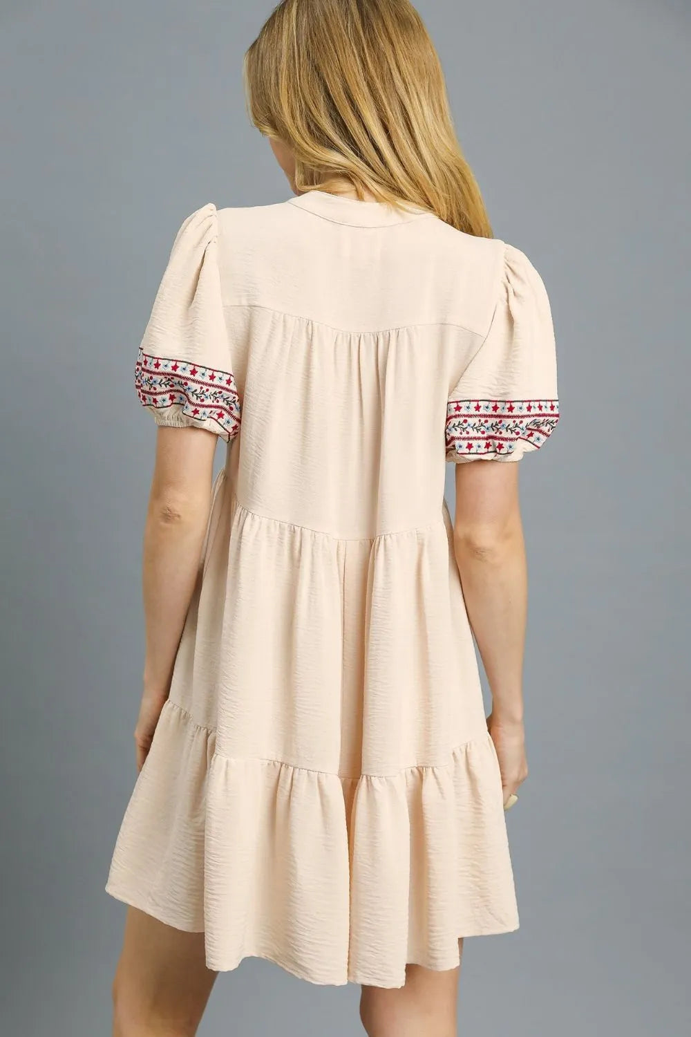 Tan Umgee Floral Trim Puff Sleeve Mini Dress 1