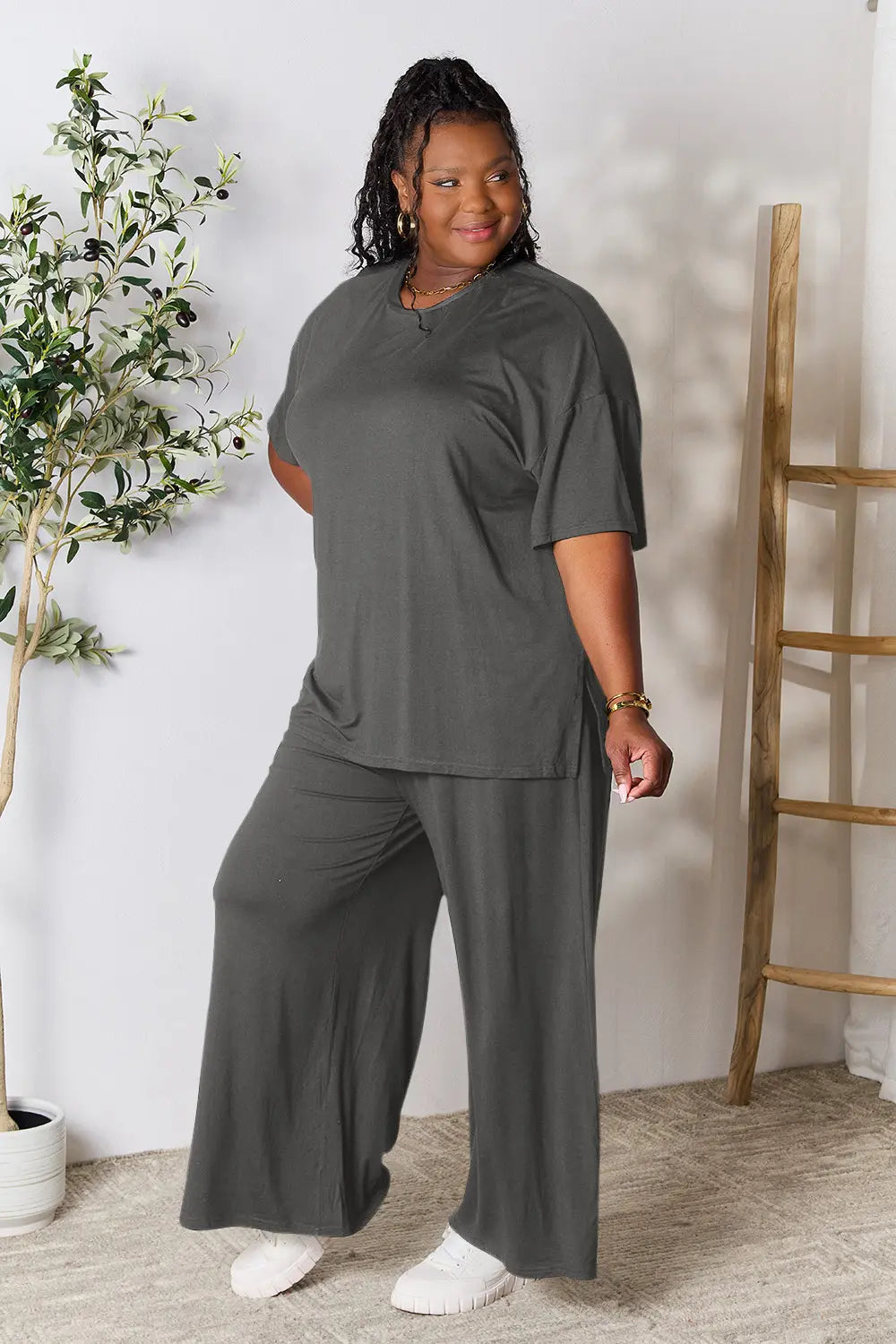 Dark Gray Double Take Full Size Round Neck Slit Top And Pants Set