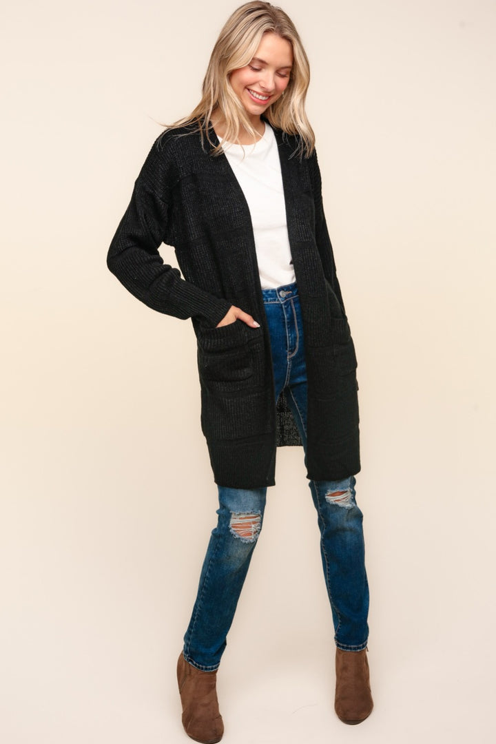 Haptics Stripe Textured Open Front Cardigan With Pockets