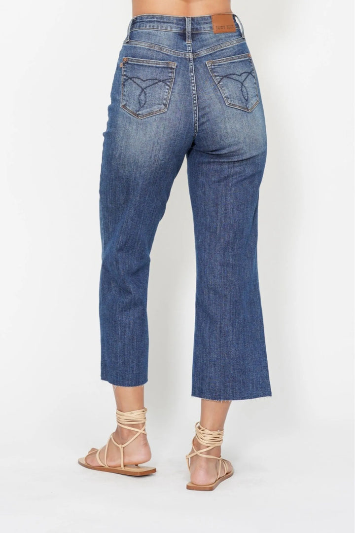 Dark Judy Blue High Waist Back Pocket Embroidery Crop Wide Jeans