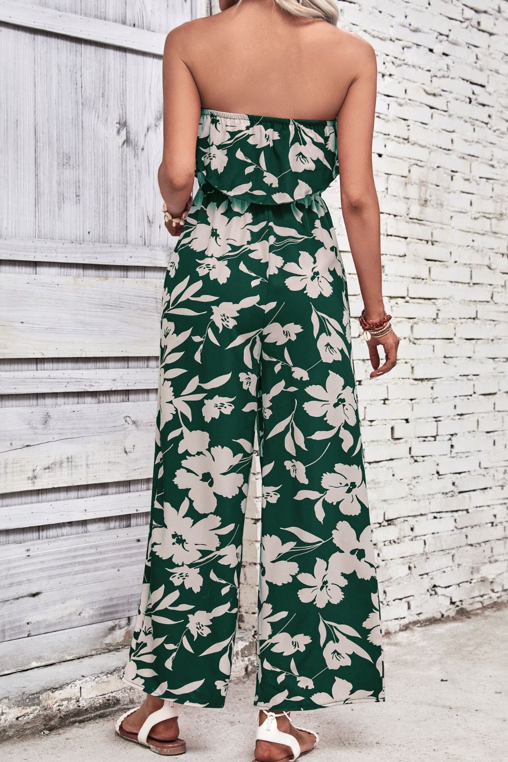 Dark Green Perfee Floral Strapless Wide Leg Jumpsuit