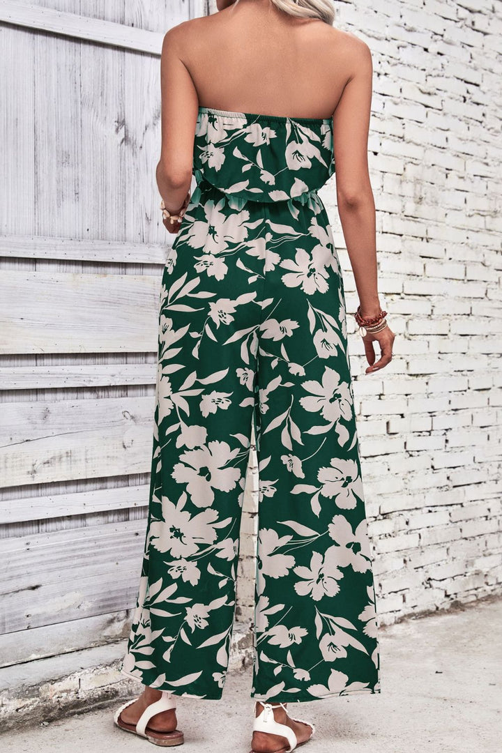 Dark Green Perfee Floral Strapless Wide Leg Jumpsuit