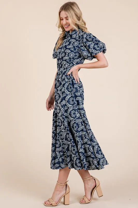 Geegee Natural Leaf Pattern Eyelet Lace Puff Sleeve Dress