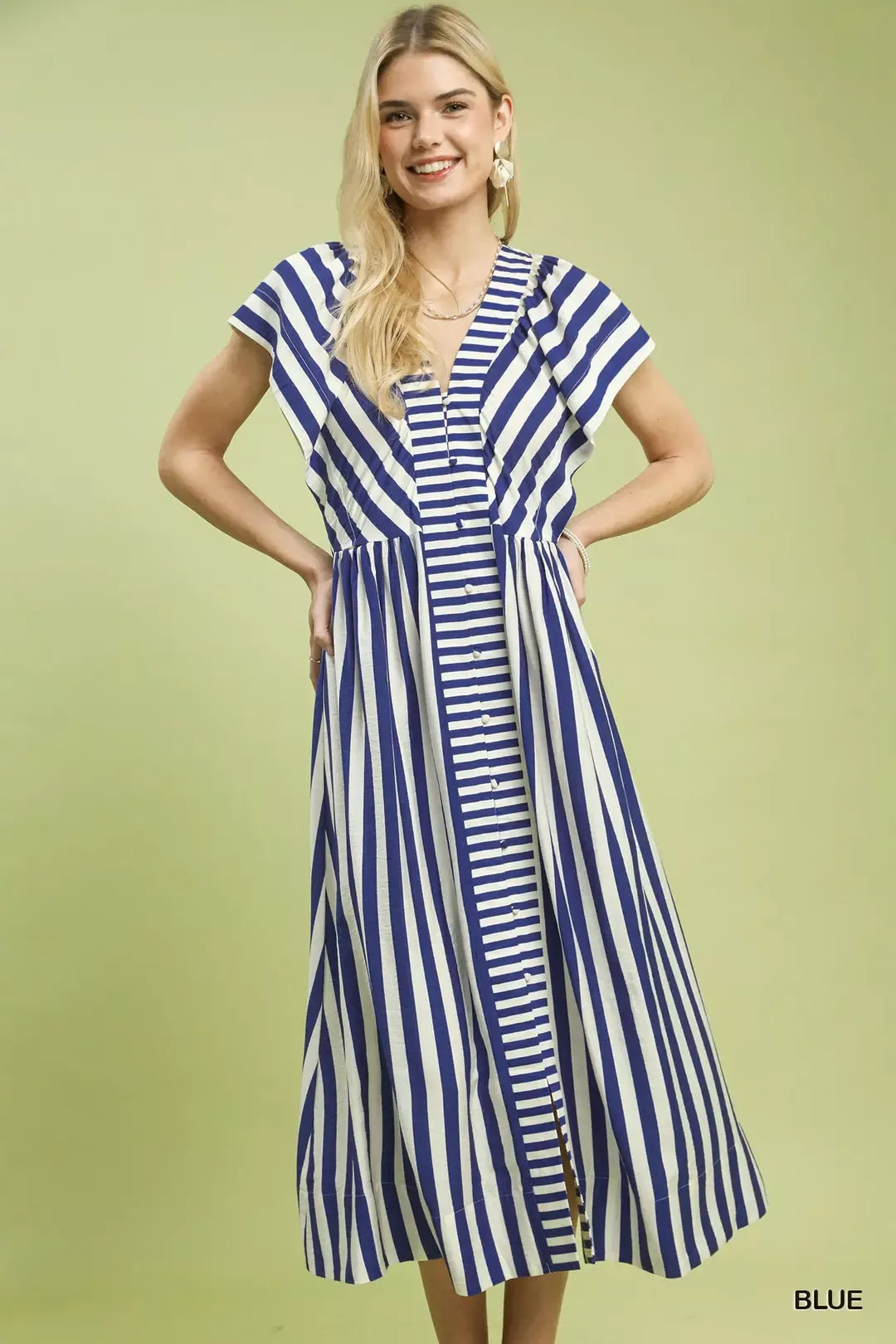 Umgee Striped Button Front Midi Dress