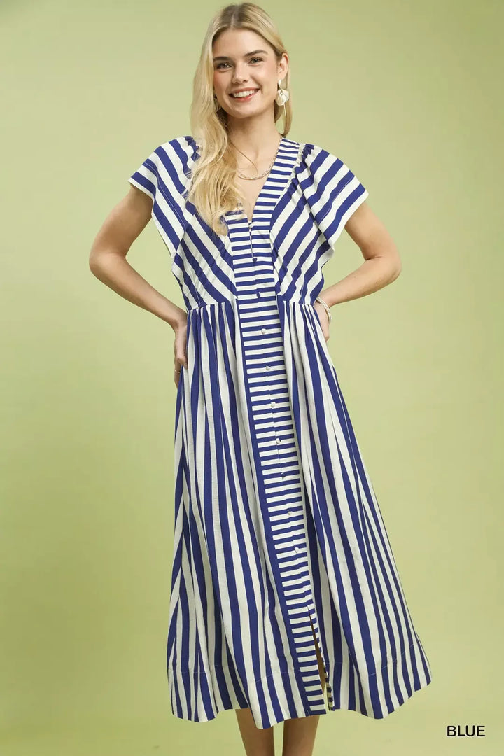Umgee Striped Button Front Midi Dress