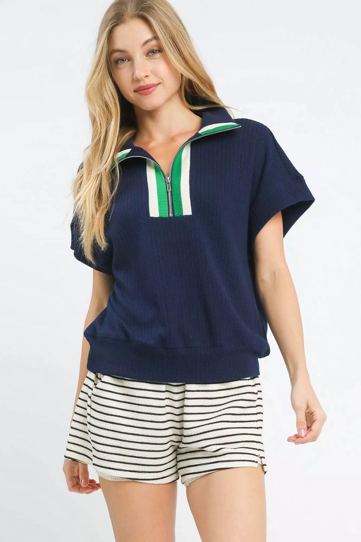 Navy Umgee Textured Striped Zip Collar Knit Top