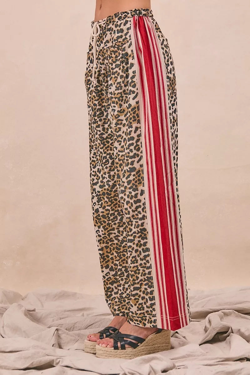 Leopard/Crimson Bibi Leopard Print Pants With Side Contrast And Tucking Welt Pocke