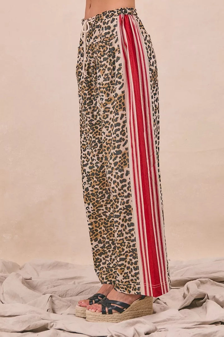 Leopard/Crimson Bibi Leopard Print Pants With Side Contrast And Tucking Welt Pocke
