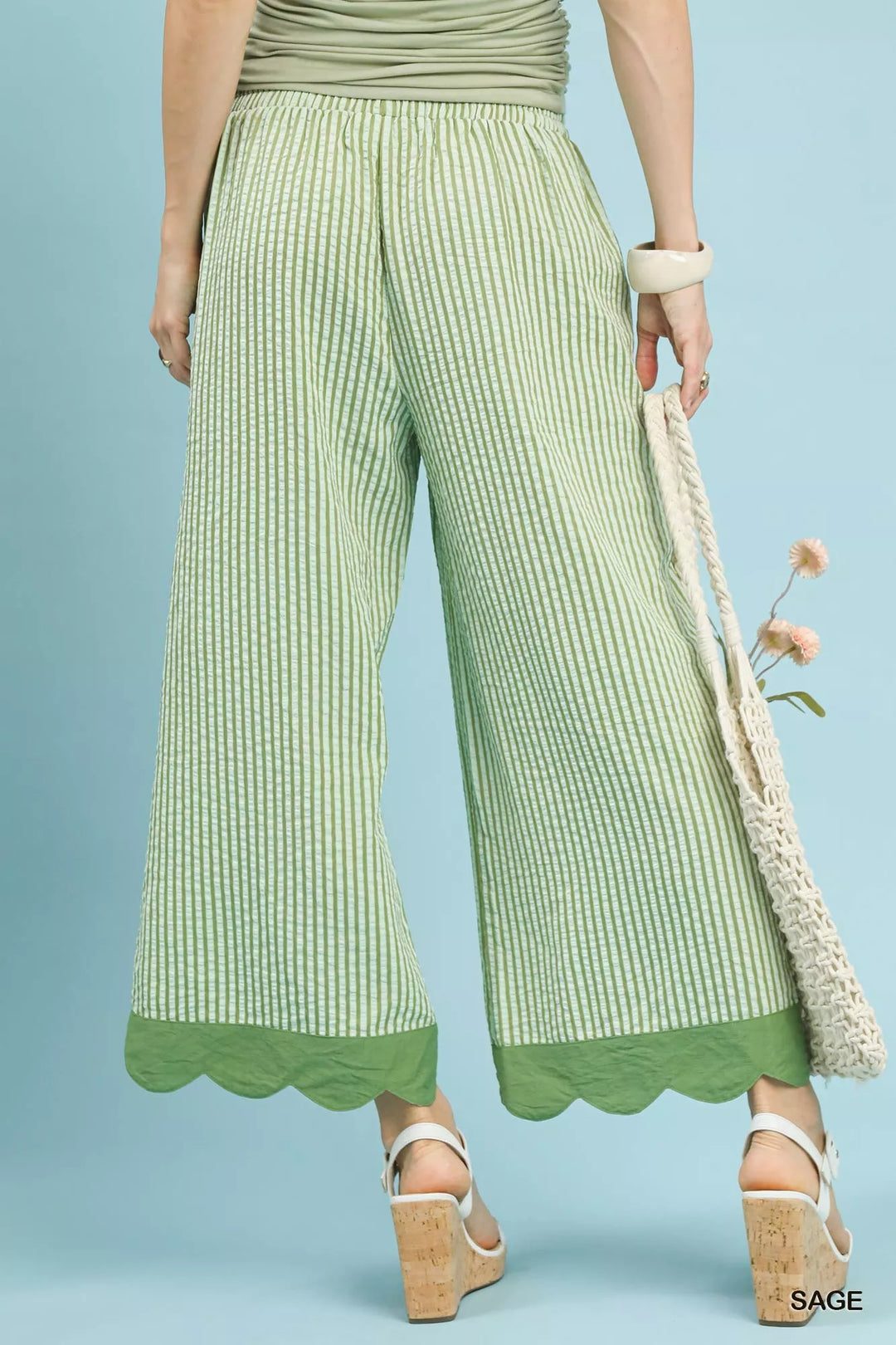 Sage Umgee Stripe Scallop Hem Wide Leg Pants