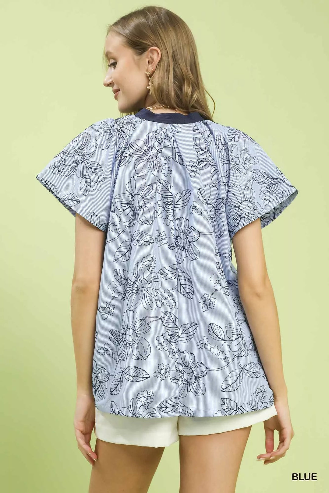 Blue Umgee Stripe Embroidered Mixed Collar V Neck Top