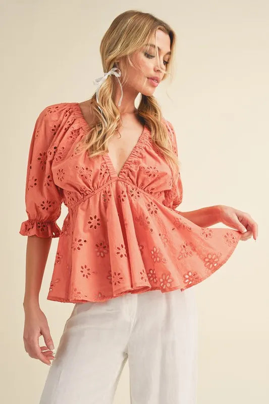 Coral Aemi Co Eyelet Embroidered V Neck Half Sleeve Peplum Blouse 1
