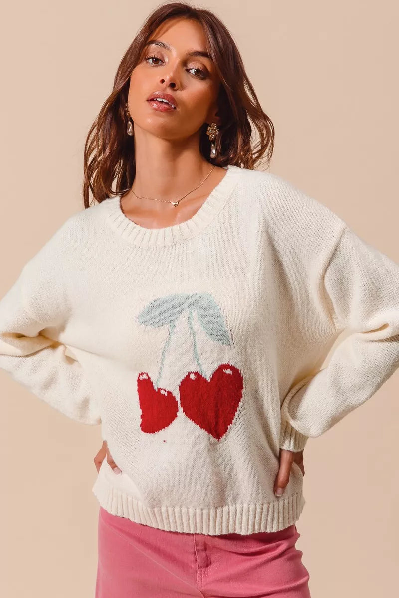 Ivory So Me Heart Cherry Knitted Valentine Sweater Top