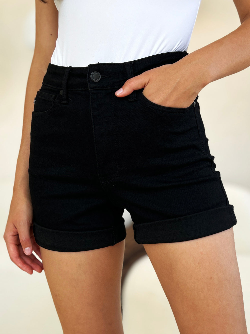 Black Judy Blue Full Size High Waist Tummy Control Cuffed Denim Shorts