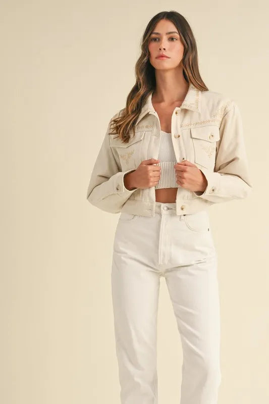 Taupe Mable Embroidered Quilted Cropped Jacket