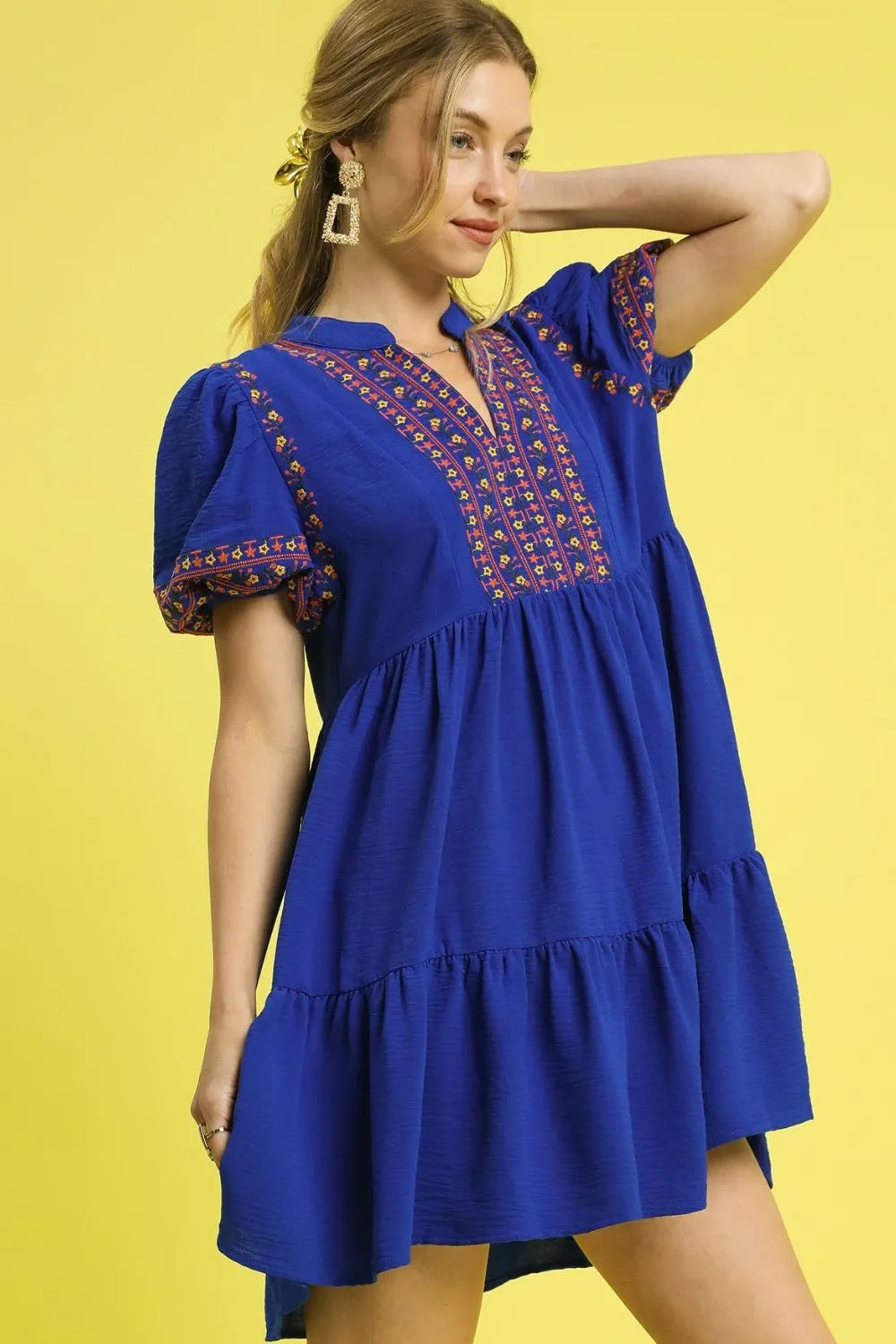 Dark Blue Umgee Floral Trim Puff Sleeve Mini Dress