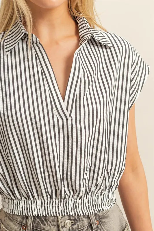 Hyfve Striped Elastic Hem Johnny Collar Cap Sleeve Blouse