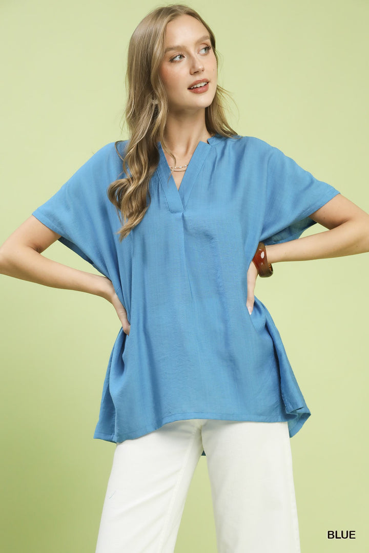 Blue Umgee Flowy V Neck Short Sleeve Blouse