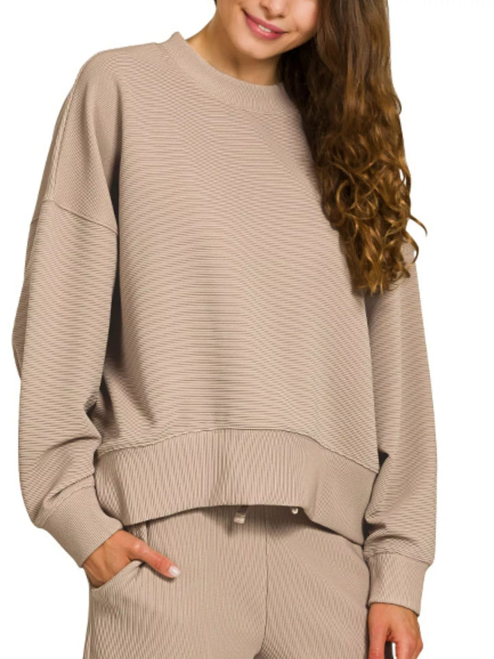 Ash Mocha Zenana Ribbed Round Neck Pullover And Drawstring Pants Set