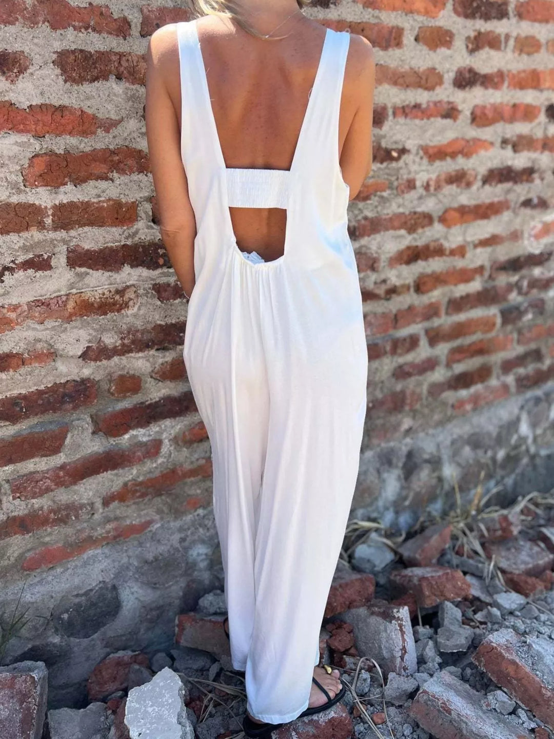 White Full Size Button Front Wide Leg Jumpsuit Plus Size