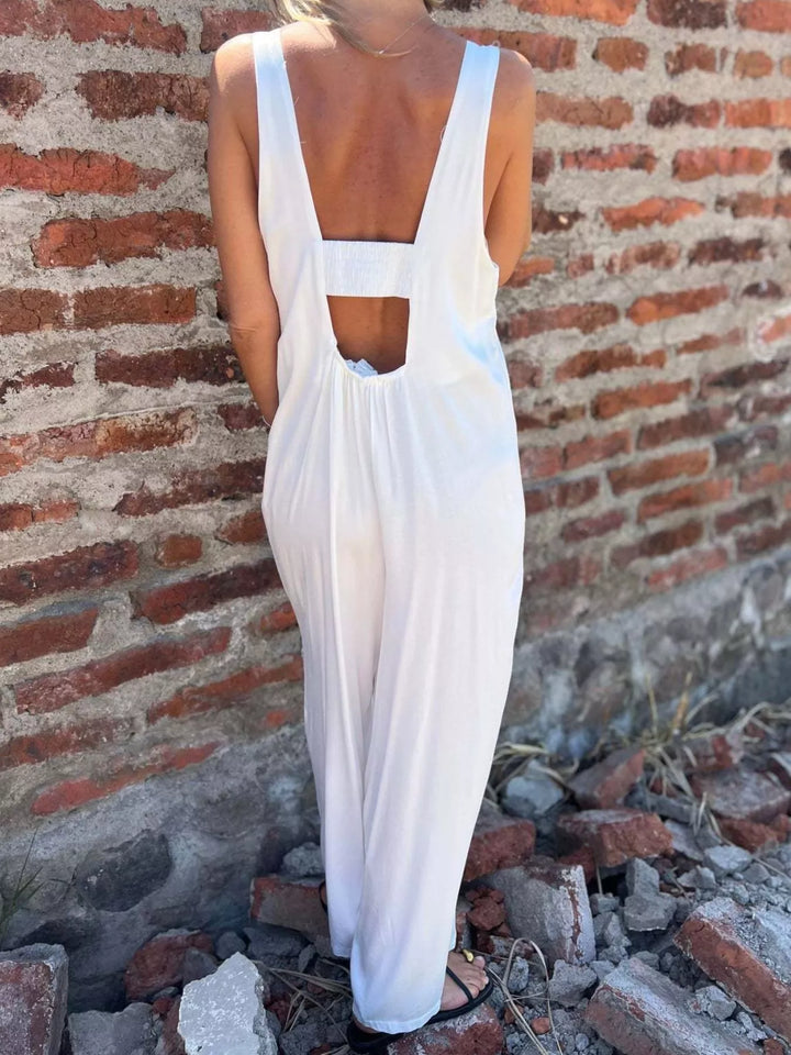 White Full Size Button Front Wide Leg Jumpsuit Plus Size
