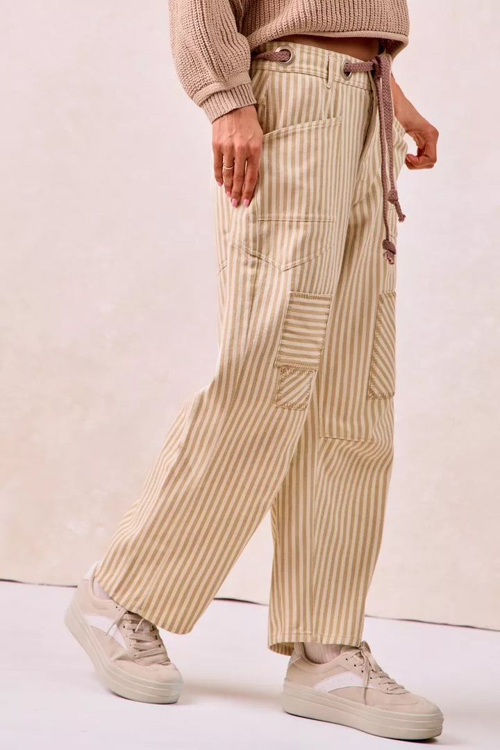 Bibi Drawstring Striped Twill Barrel Pants 2