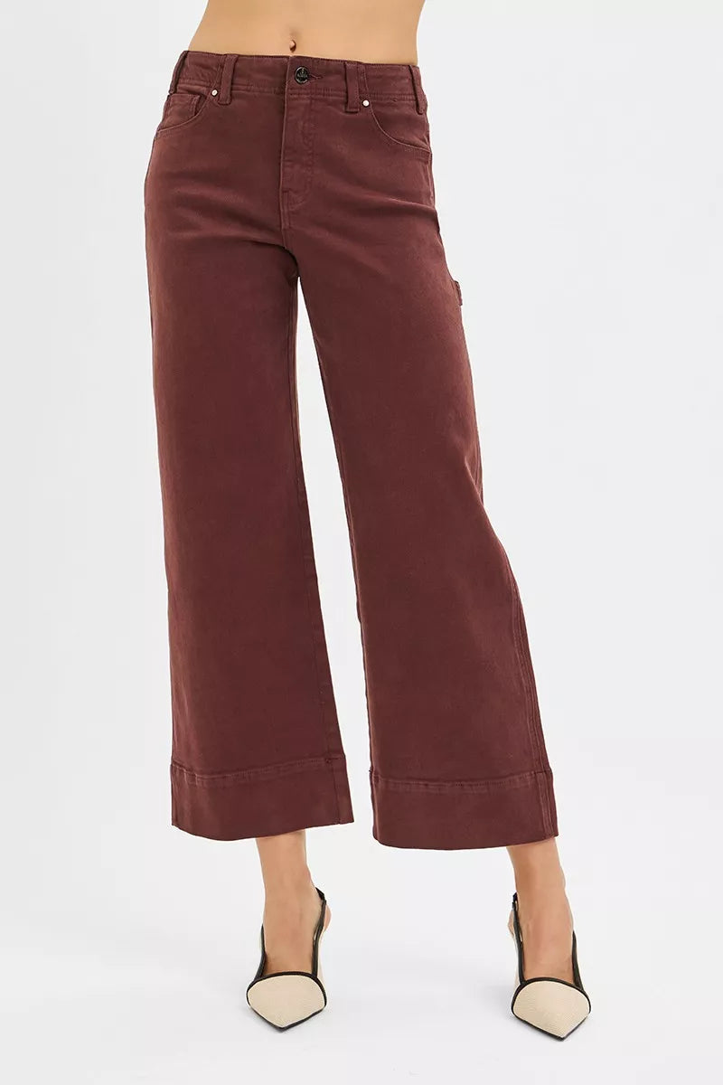 Choco Brown Risen Tummy Control High Rise Crop Wide No Waist Band Pants