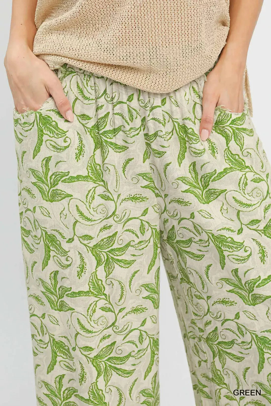 Umgee Linen Printed Wide Leg Raw Hem Pants 1