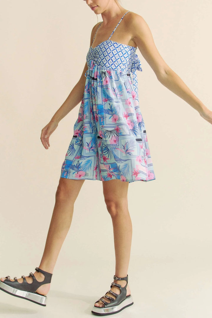 Davi Dani Tropical Floral Geo Print Tie Back Tube Top Romper