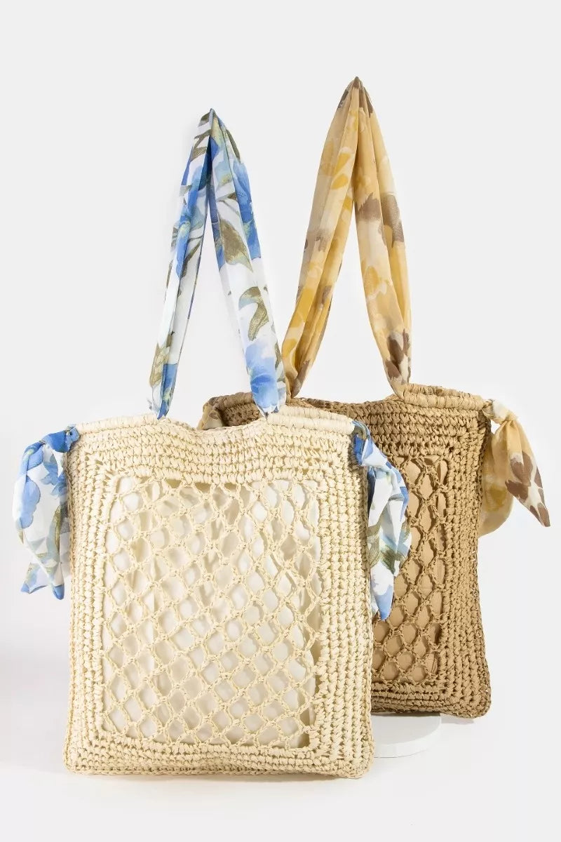 Ka Fame Tropical Bandana Strap Straw Braided Tote Bag