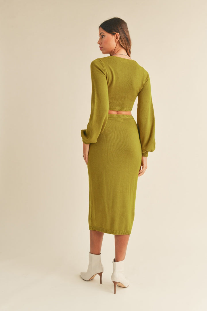 Moss Green Mable Front Twisted Knit Top And Midi Skirt Set 1