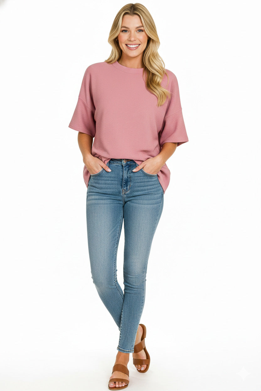 Lt Rose Zenana Ribbed Round Neck Waist Banded T Shirt