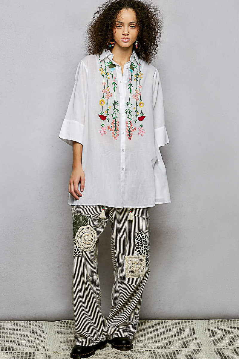 Pol Floral Embroidered Half Sleeve Cotton Shirt 1