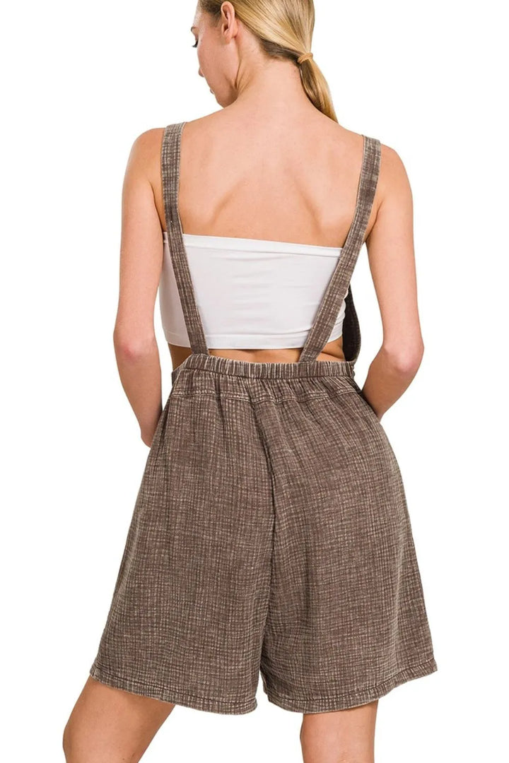 Brown Zenana Woven Double Gauze Acid Washed Romper