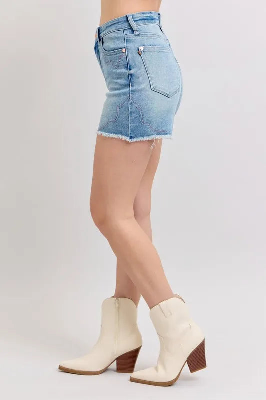 Lt Judy Blue High Waist Western Embroidery Detail Cut Off Denim Shorts