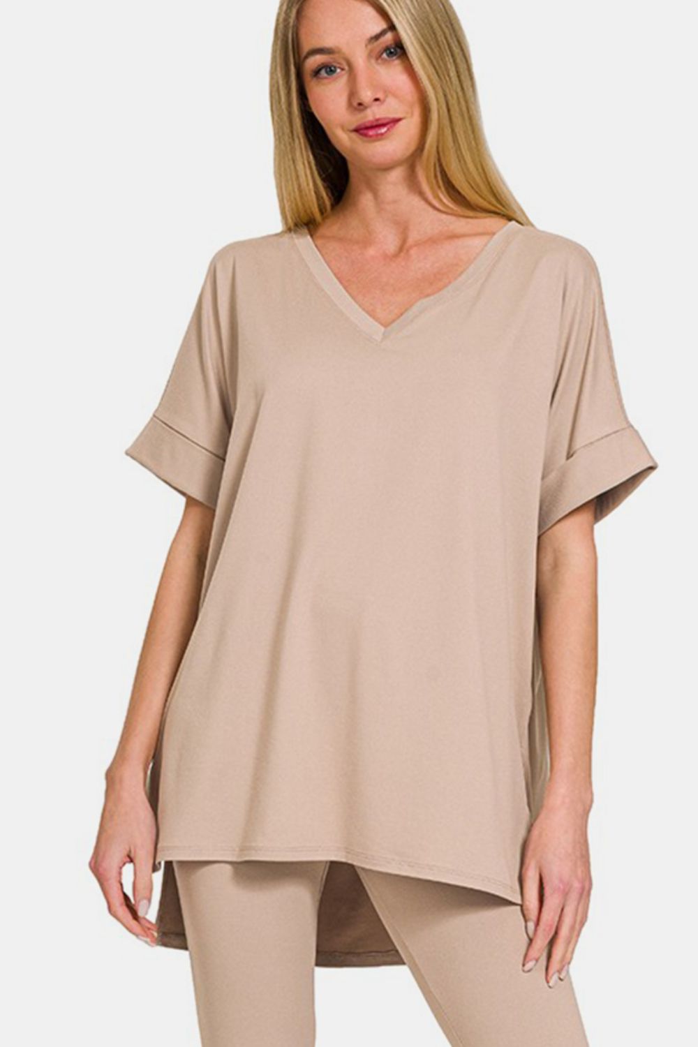 Lt Mocha Zenana Full Size V Neck Rolled Short Sleeve T Shirt And Leggings Lounge Set 1