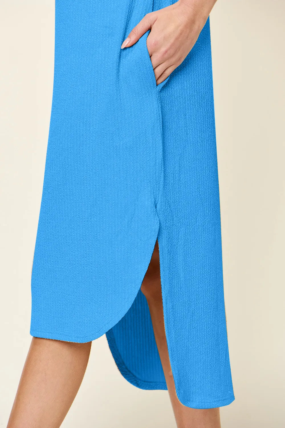 Sky Blue Double Take Full Size Round Neck Short Sleeve Slit Dress