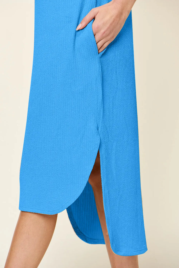 Sky Blue Double Take Full Size Round Neck Short Sleeve Slit Dress