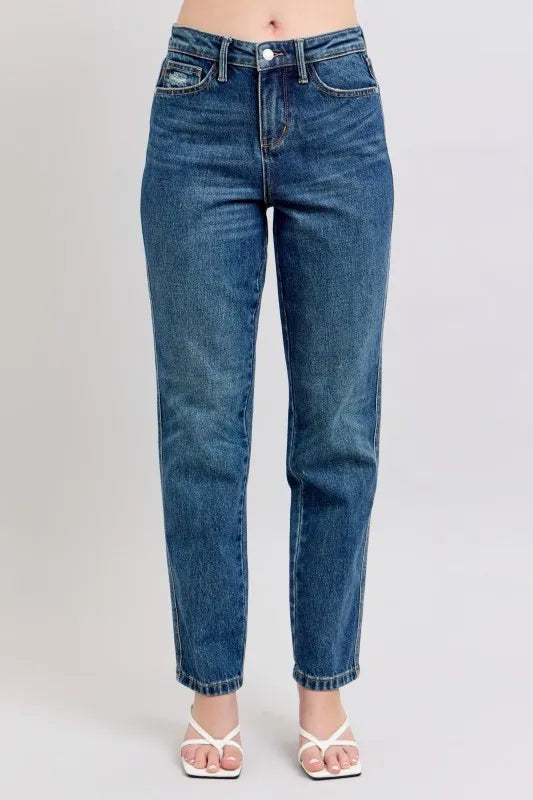 Dark Judy Blue Full Size High Waisted Rigid Magic Non Destroy Straight Leg Jeans Plus Size