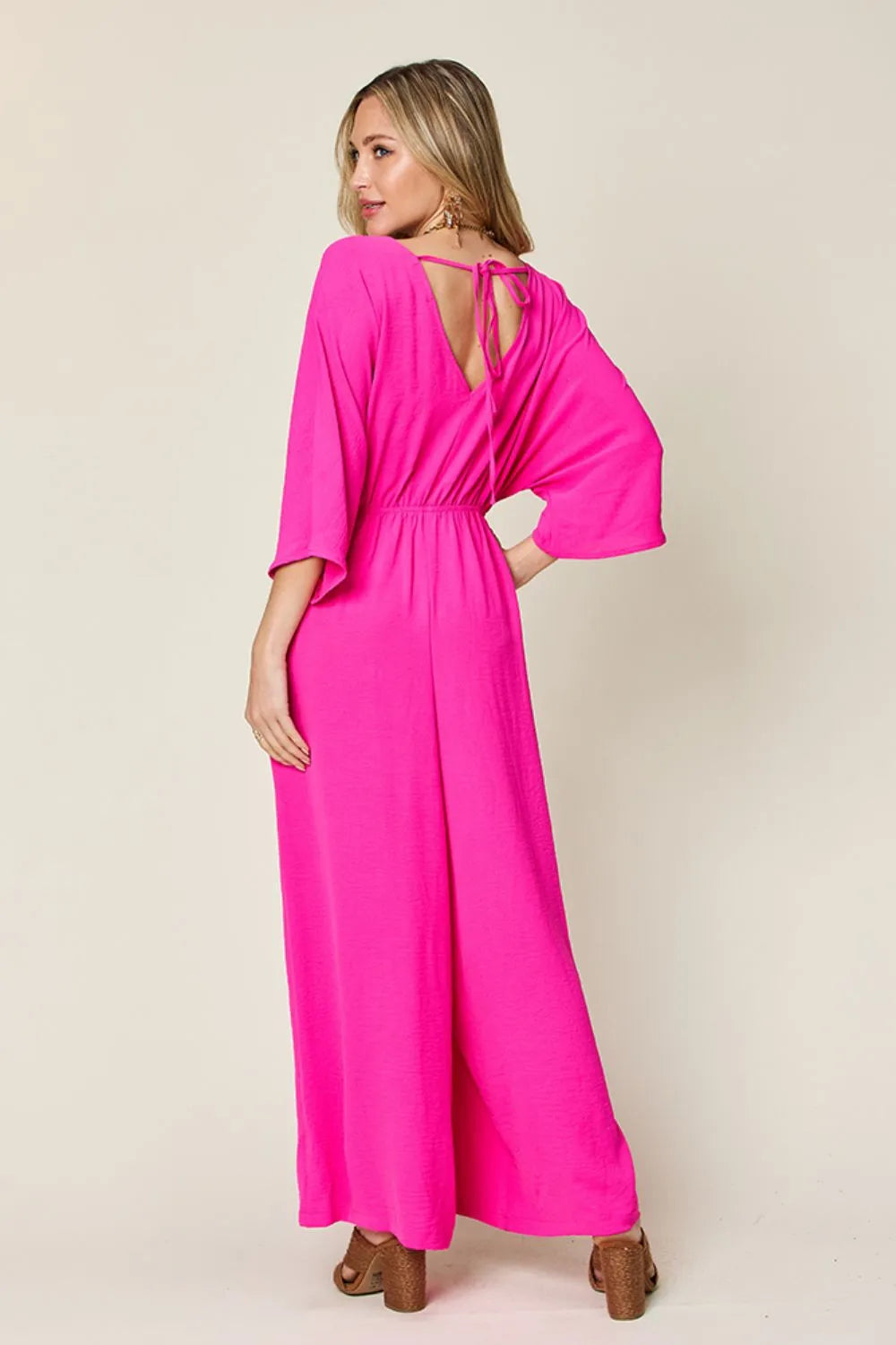 Hot Pink Double Take Full Size Surplice Wide Leg Jumpsuit With Pockets