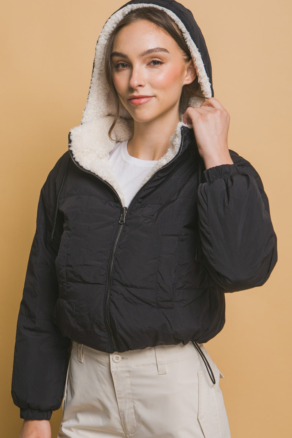 Black Love Tree Zip Up Cropped Hooded Sherpa Reversible Jacket