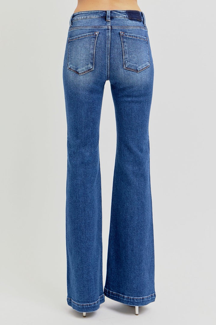 Dark Risen Full Size Low Rise Flare Jeans With Pockets
