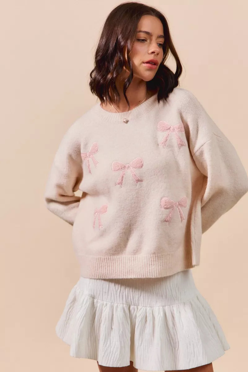 Blush So Me Embroidered Ribbon Round Neck Sweater