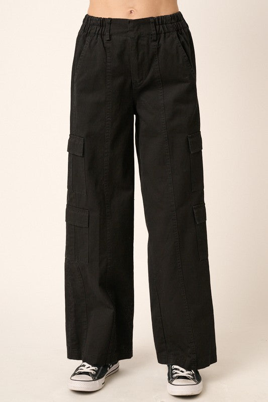 Black Mittoshop Low Rise Elastic Cover Waistband Cargo Pants