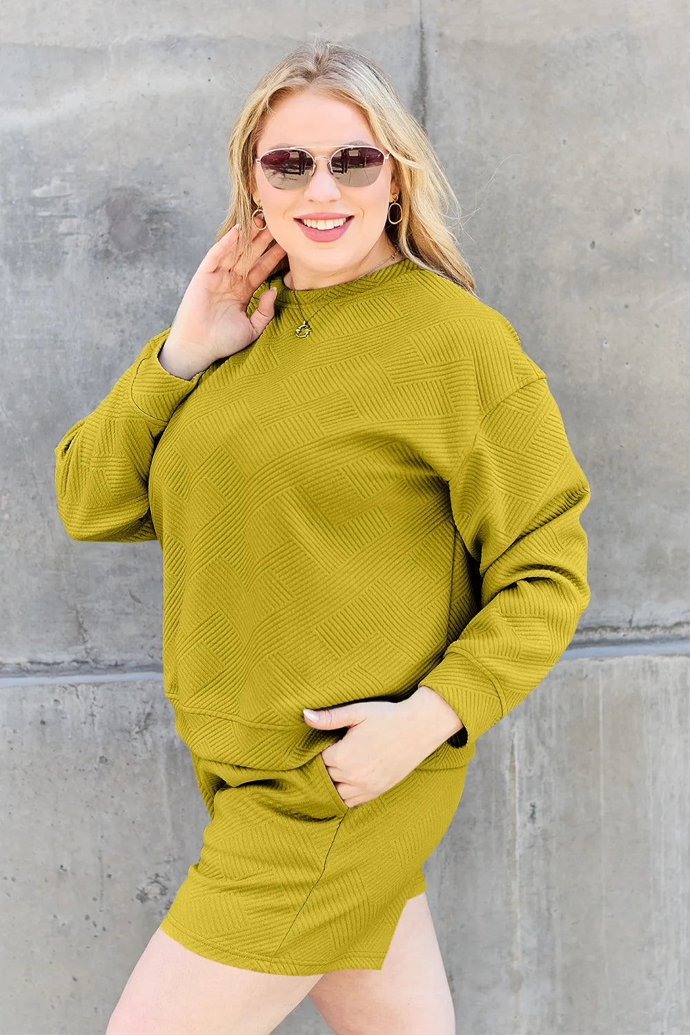 Tan Double Take Full Size Texture Long Sleeve Top And Drawstring Shorts Set