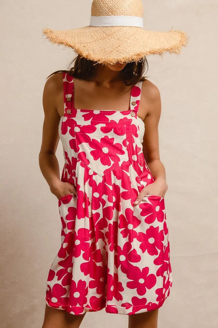 Bibi Floral Prints Tuck Detail Short Overall With Pockets