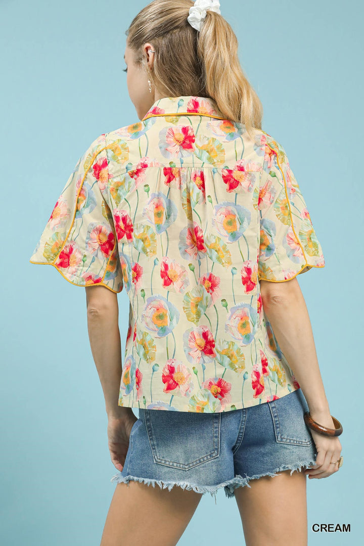 Cream Umgee Floral Print Button Down Blouse With Flutter Sleeves 1