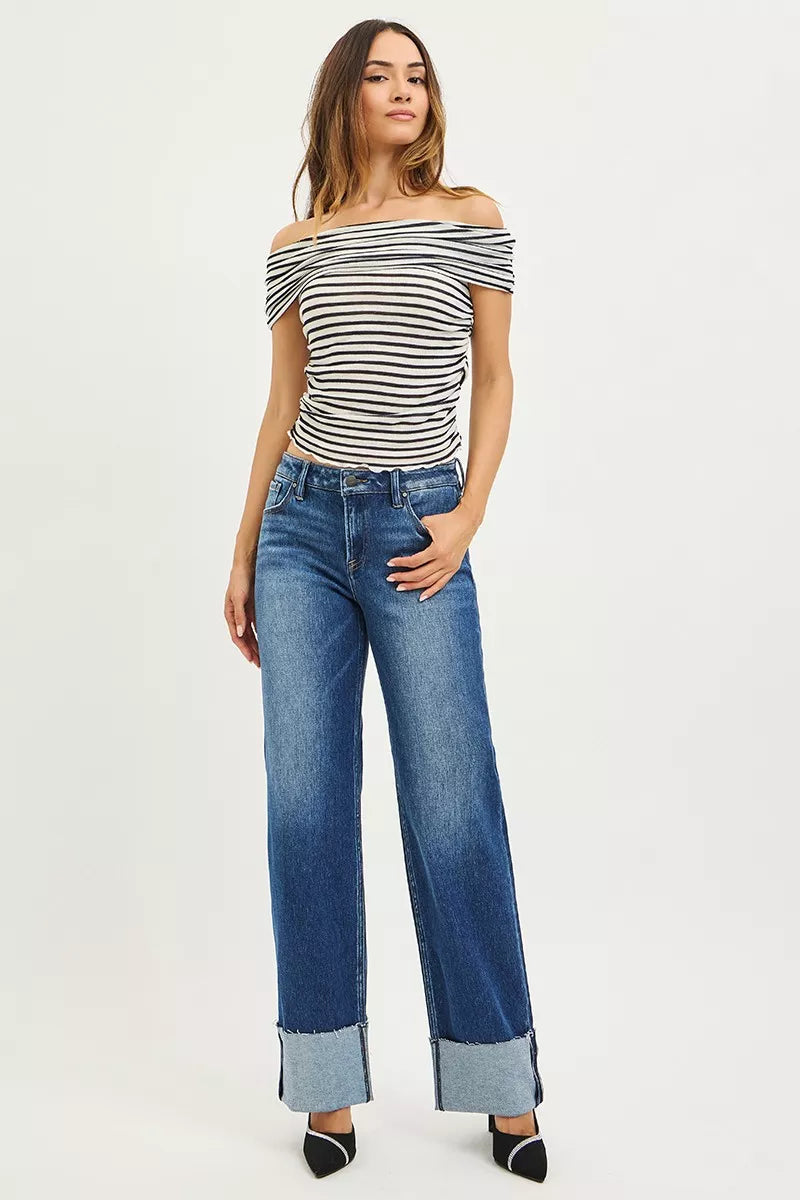 Dark Risen Mid Rise Wide Straight Jeans With Wide Cuff